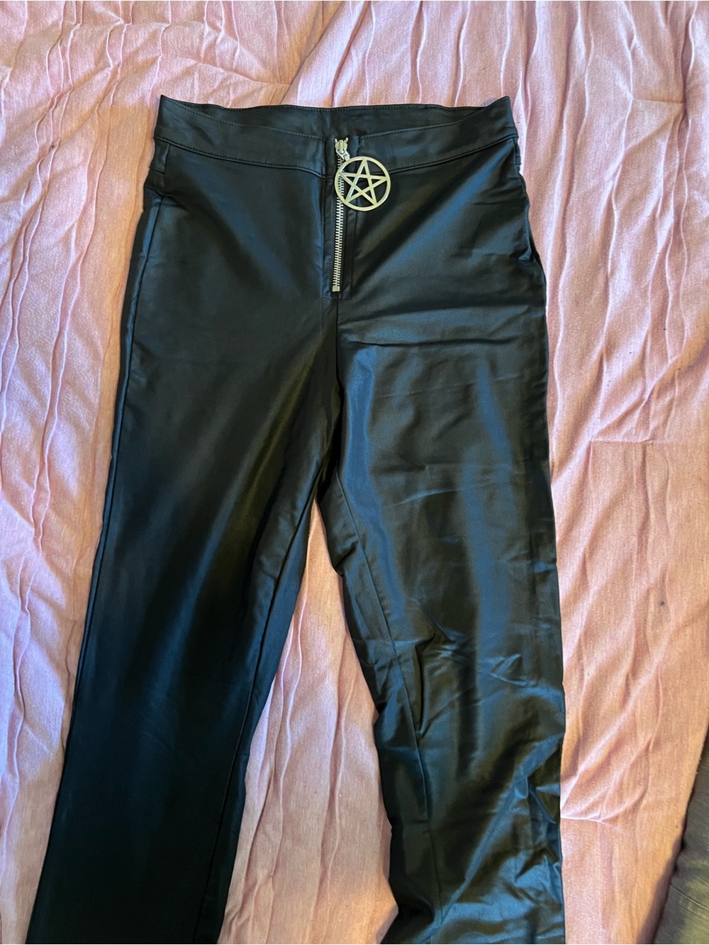 Killstar Black Faux Leather Kids Leggings with Pentagram Zip Pull